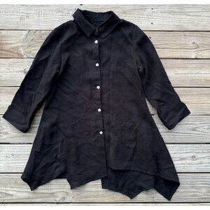 Fridaze Black Lagenlook Asymmetric Button Front / Back Blouse Linen Tunic XS pb2